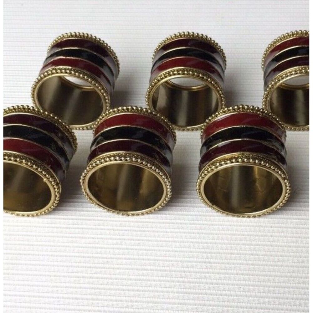 Vtg 6‎ Brass Green Red Gold Round Napkin Rings Holiday Christmas Pier 1 Imports